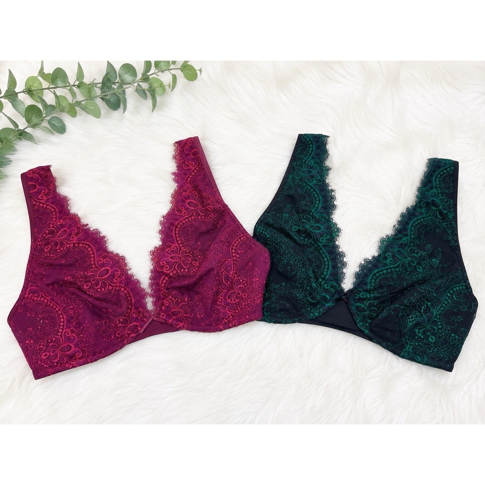Lot Of 2 Cacique Unlined Boost Plunge Lace Bras 34‎ DDD Plum & Green Underwire